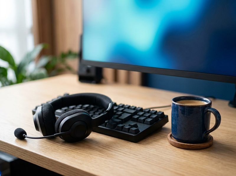 Fone de ouvido com microfone sobre uma mesa clara, ao lado de um teclado e de uma caneca