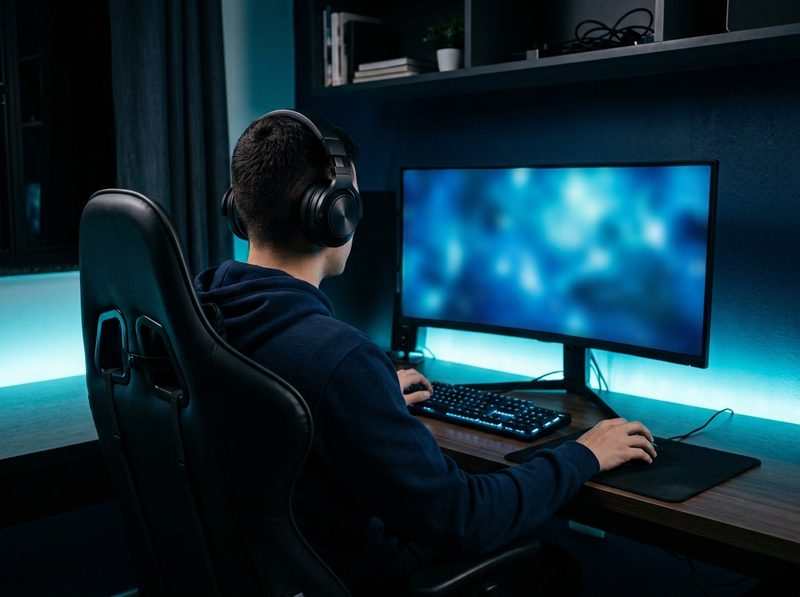Jogador de costas, com fone de ouvido, em frente ao monitor em um quarto com iluminação azul