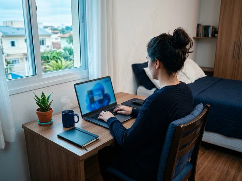 Pessoa de costas trabalhando com notebook em uma mesa de madeira ao lado da janela