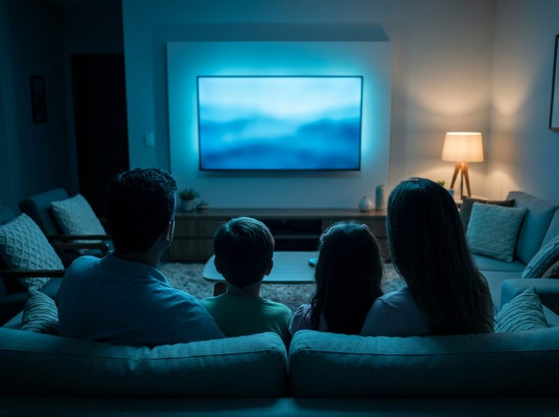 Família vista de costas no sofá, assistindo à TV em uma sala iluminada por luz azulada
