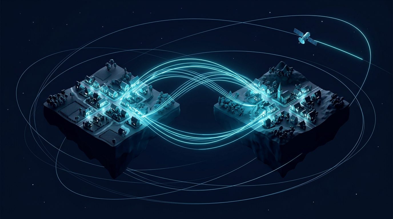 Ilustração de duas pequenas cidades ligadas por linhas de luz azul, com órbitas e um satélite ao redor