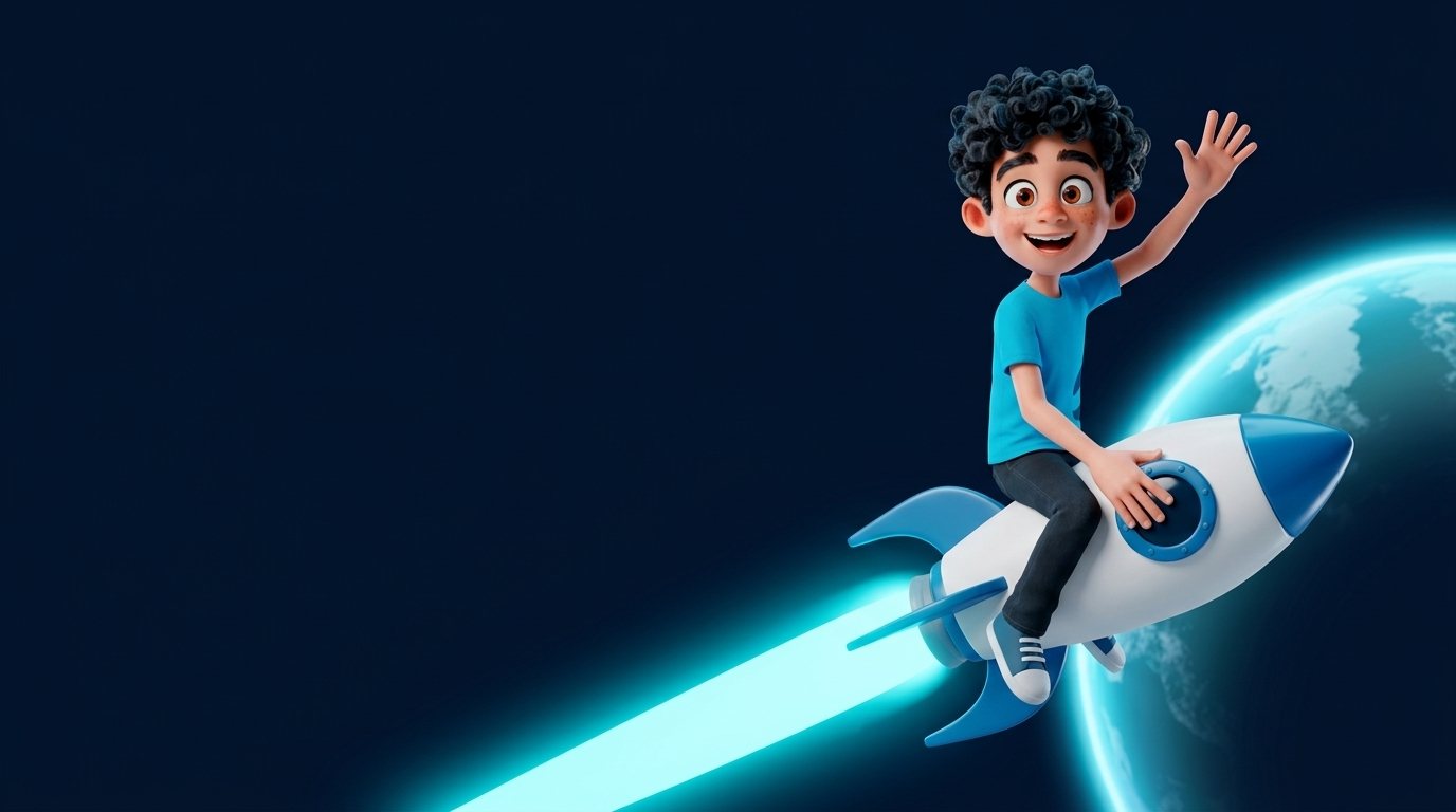 Mascote da WebNet montado em um foguete branco e azul, acenando, com rastro de luz azul e um planeta ao fundo