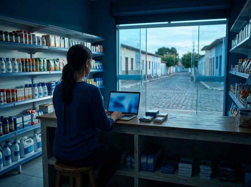 Comerciante de costas usando um notebook no balcão de uma pequena loja, com a rua ao fundo