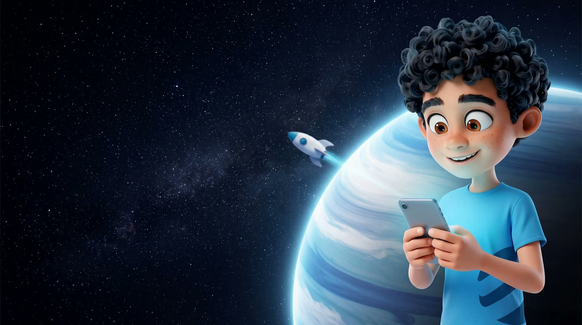 Mascote da WebNet sorrindo para o celular, com um planeta e um foguete ao fundo