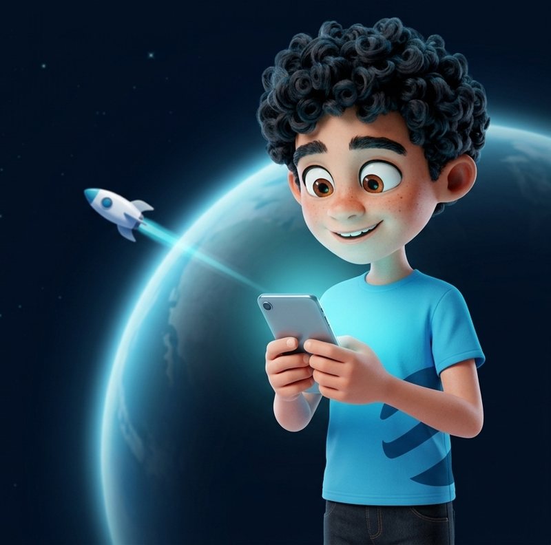 Mascote da WebNet sorrindo enquanto usa o celular, com um planeta e um foguete ao fundo