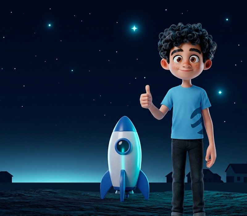 Mascote da WebNet fazendo sinal de positivo ao lado de um foguete, sob um céu estrelado