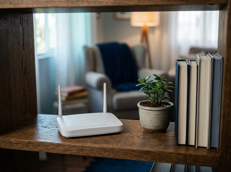 Roteador wi-fi branco com luzes azuis sobre uma estante de madeira, em uma sala de estar