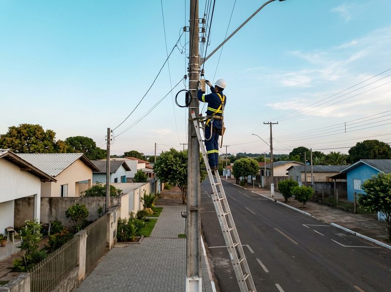 Técnico com capacete e colete, em uma escada, instalando cabo de fibra óptica em um poste de uma rua residencial
