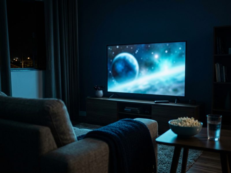 Sala de estar à noite com uma TV ligada mostrando uma paisagem espacial azul, sofá e tigela de pipoca